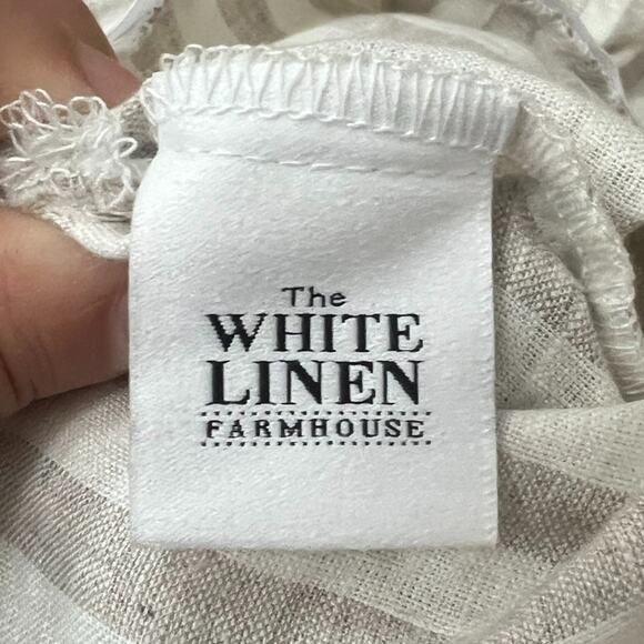 The White Linen Farmhouse Chair Cover Ruffled Striped White & Tan French Linen - Picture 5 of 12